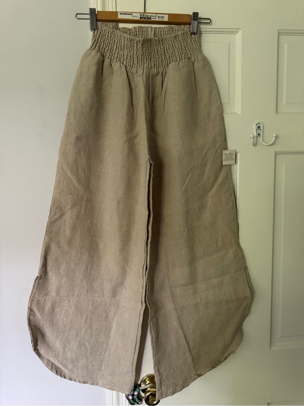 New Nomad Beige Wide-Leg Linen-Blend Pants with Smocked Waist